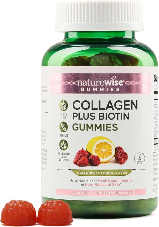 NatureWise Collagen Gummies - Hydrolyzed Collagen Gummies - Type 1 & 3 Peptides for Women + Biotin, Vitamin C, E, & Zinc for Hair Skin and Nails Support - 90 Count[45-Day Supply]