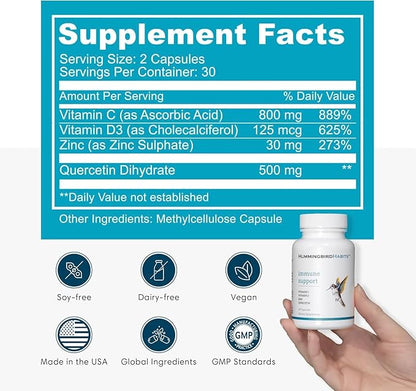 Immune Support, Zinc Quercetin Vitamin C and D Immune Complex, Dihydrate Quercitin Supplements 500 with Zinc Vitamin C D3 for Immunity Support, Vegan Supplement (60 Capsules)
