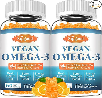 2 Pack Omega-3 Gummies Potent Algae Omega Source, Boost Brain, Eye & Immune Function, with DHA and EPA Vegan & Sugar Free, Orange Flavor, 120 Count