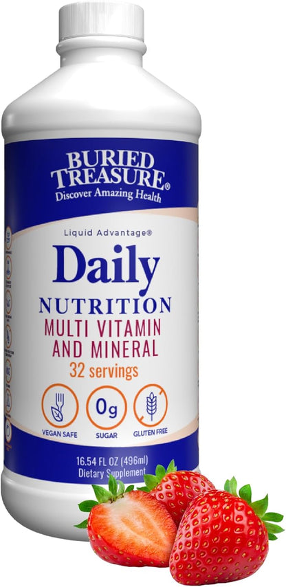 Buried Treasure Daily Nutrition Liquid Multivitamin and Mineral Supplement with Trace Minerals, Superfoods, Vitamin A, B-Complex, C, D, E, Methylfolate, Biotin, Magnesium, Zinc, Resveratrol, 32 serv