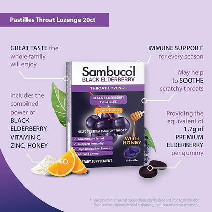 Sambucol Black Elderberry Throat Lozenge - Sambucus Elderberry Lozenges With Vitamin C, Zinc & Honey, Helps Soothe a Scratchy Throat, High Antioxidants, Gluten-Free - 20 Count
