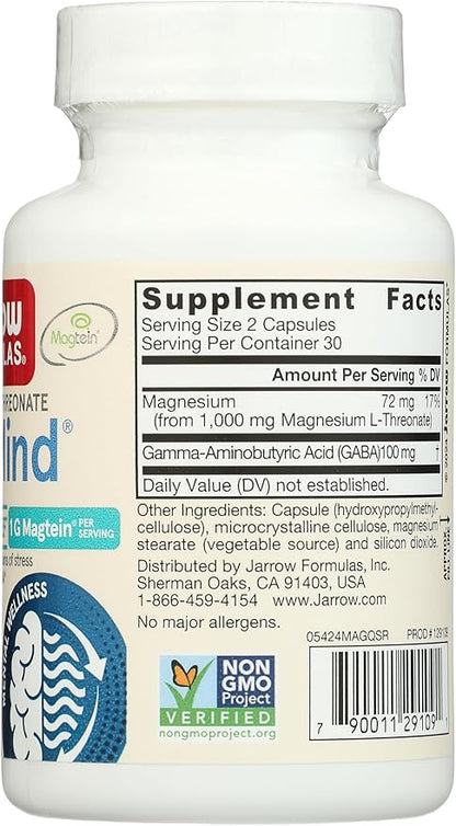Jarrow Formulas Magnesium L-Threonate, MagMind Quick Stress Relief, Dietary Supplement Featuring GABA, 60 Capsules, Up to a 30 Day Supply