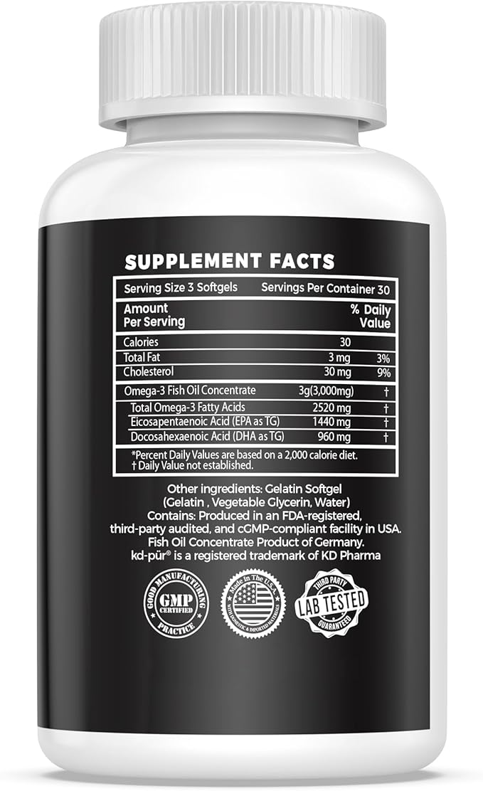 VANI Omega 3 Fish Oil - Pharmaceutical Grade - 2520mg with EPA & DHA, Made in USA with Premium Germany Fish Oil KD-PÜR® - 90 Softgels