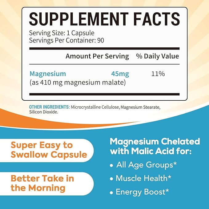 Magnesium Malate Capsules 410mg, Magnesium Supplement, Chelated, High Absorption, Energy Production & Muscle Support, Mineral for Children, Teenagers, and Adults, 90 Vegan Capsules