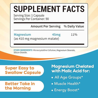 Magnesium Malate Capsules 410mg, Magnesium Supplement, Chelated, High Absorption, Energy Production & Muscle Support, Mineral for Children, Teenagers, and Adults, 90 Vegan Capsules