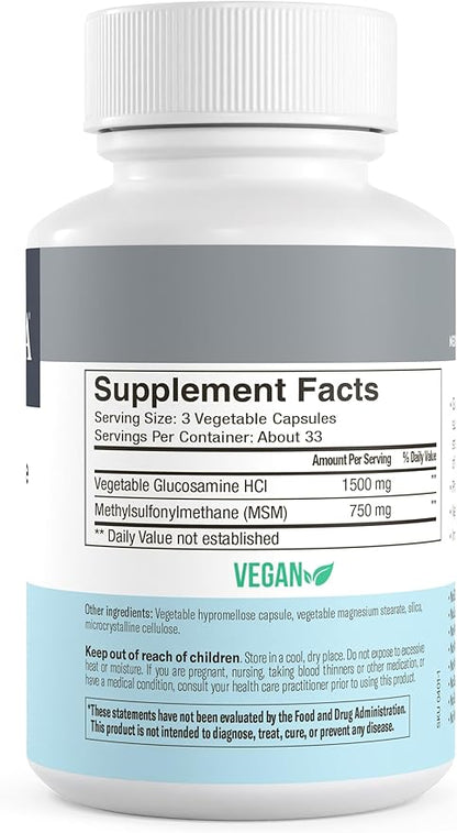FREEDA Glucosamine MSM – Vegan Joint Flexibility & Mobility Supplement – Vegetarian Glucosamine Without Shellfish – Supports Joint Function – Third-Party Tested – (100 Capsules)