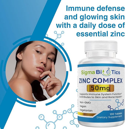 Sigma Biotics High-Potency Zinc 50mg Supplement - Supplements for Immune Support & Skin Health - Non-GMO Mineral Supplement with Zinc Oxide & Citrate - 60 Tablets