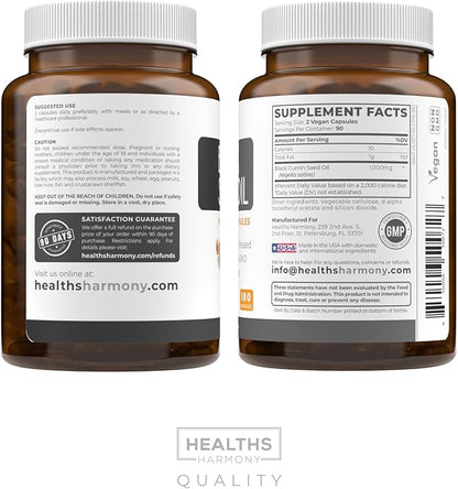 Black Seed Oil - 180 Softgel Capsules (Non-GMO & Vegan) Premium Cold-Pressed Nigella Sativa Producing Pure Black Cumin Seed Oil with Vitamin E - 500mg Each, 1000mg Per 2 Capsule Serving