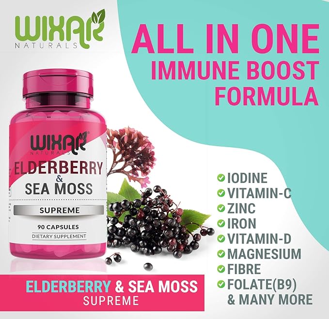 Elderberry and Sea Moss Supreme Capsules - Natural Black Elderberries with Wildcrafted Sea Moss Pills - 90 Capsules - Antioxidants - Herbal Supplements - Immune Support Supplement