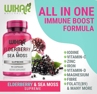 Elderberry and Sea Moss Supreme Capsules - Natural Black Elderberries with Wildcrafted Sea Moss Pills - 90 Capsules - Antioxidants - Herbal Supplements - Immune Support Supplement
