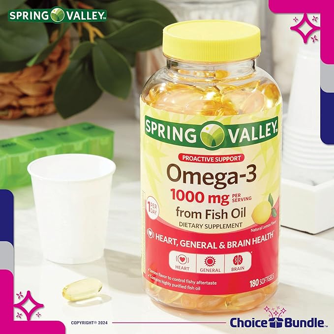 Spring Valley Proactive Support Omega-3 Fish Oil Soft Gels 1000 mg 180 Ct 2 pk (360 Total) + Vitamin Guide & Pill Container (4 Items)!