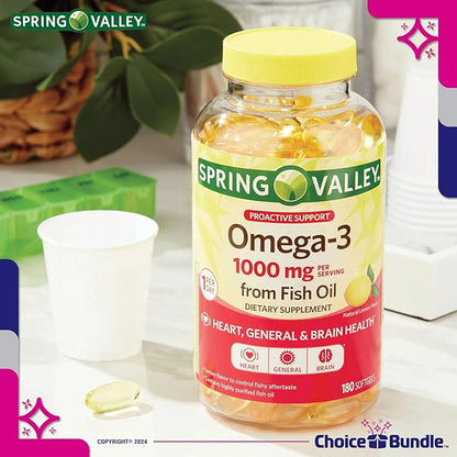 Spring Valley Proactive Support Omega-3 Fish Oil Soft Gels 1000 mg 180 Ct 2 pk (360 Total) + Vitamin Guide & Pill Container (4 Items)!