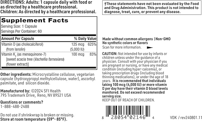 Klaire Labs SFI Health Vitamin D Plus K - Bioavailable Vitamin K2 D3 Supplement for Bone & Immune Support - Each Capsule Delivers D3 5000 iu & K2 100 Mcg (60 Capsules)