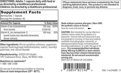 Klaire Labs SFI Health Vitamin D Plus K - Bioavailable Vitamin K2 D3 Supplement for Bone & Immune Support - Each Capsule Delivers D3 5000 iu & K2 100 Mcg (60 Capsules)