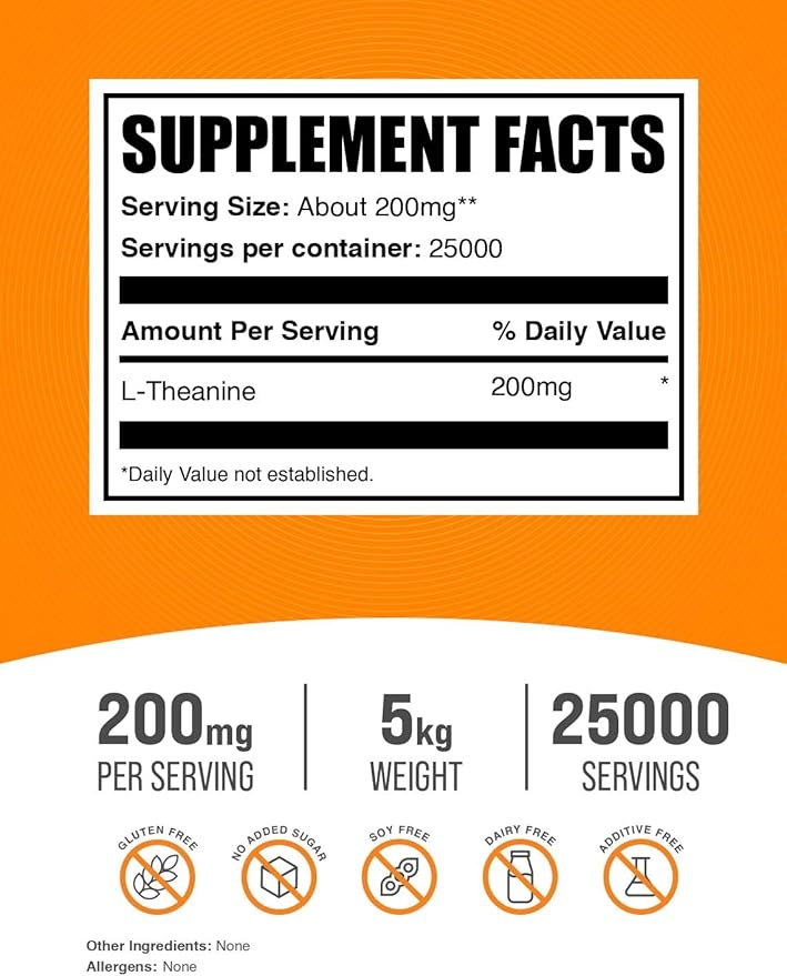 BulkSupplements.com L-Theanine Powder - L-Theanine Supplement, L-Theanine 200mg - Amino Amino Supplement, Pure & Gluten Free, 200mg per Serving, 5kg (11 lbs) (Pack of 5)