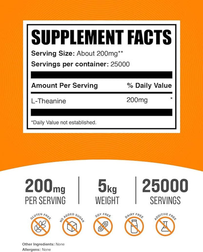BulkSupplements.com L-Theanine Powder - L-Theanine Supplement, L-Theanine 200mg - Amino Amino Supplement, Pure & Gluten Free, 200mg per Serving, 5kg (11 lbs) (Pack of 5)