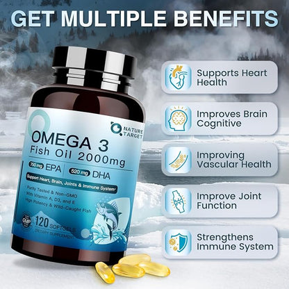 NATURE TARGET Omega 3 Fish Oil 2000mg Softgels with Vitamin D3 & E & A - EPA & DHA- Max-Absorption, Supports Heart, 120 Softgels