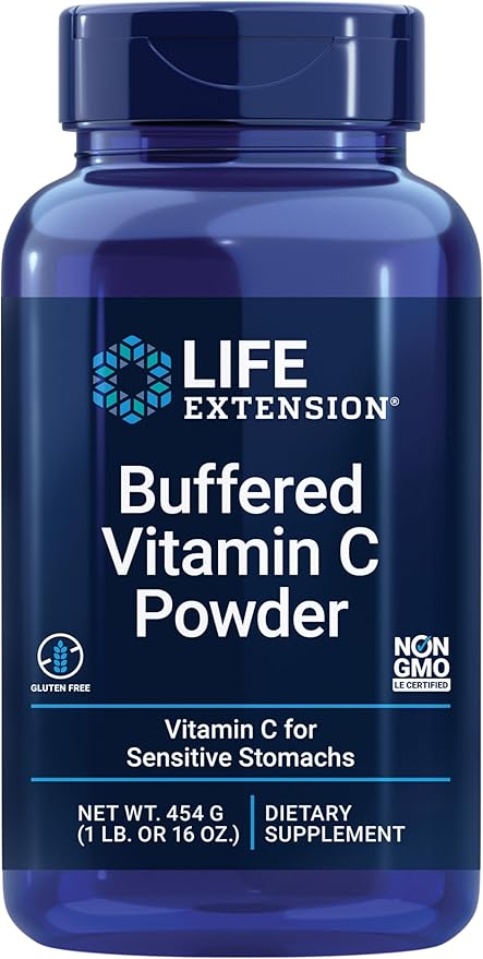 Life Extension Buffered Vitamin C Powder, Buffering Minerals, Calcium, Magnesium, Potassium & zinc, for Sensitive stomachs, Gluten Free, Non-GMO, Vegetarian, 454 Grams, About 84 Servings