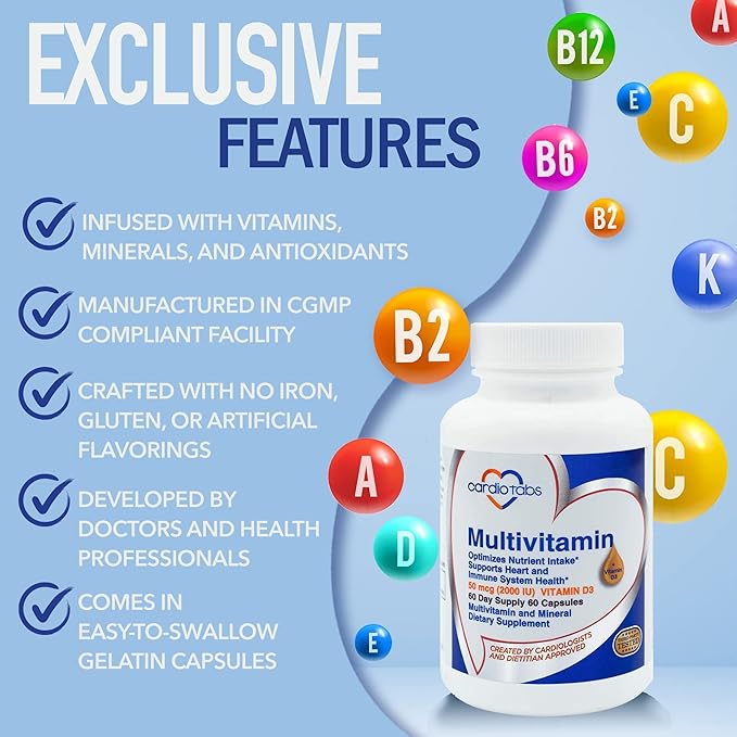 Multivitamin - Heart and Immunity Supplements for Men & Women, Multivitamin for Men & Women, with Minerals B-Vitamin Complex, Vitamins A, C, E, K and 2000 IU Vitamin D3, 60-Count Bottle