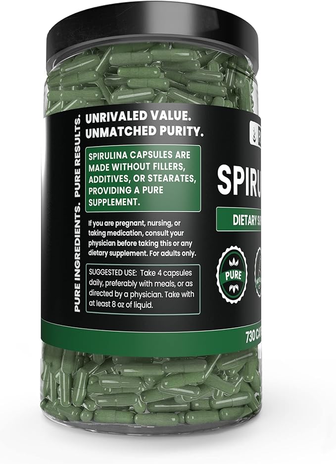 PURE ORIGINAL INGREDIENTS Spirulina (730 Capsules) No Magnesium Or Rice Fillers, Always Pure, Lab Verified