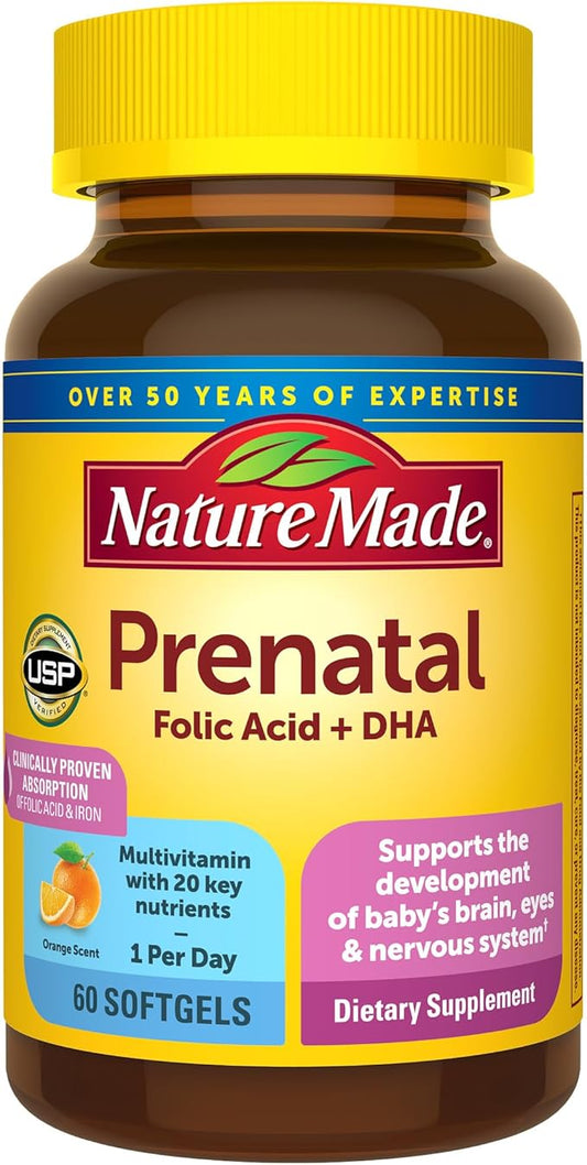 Nature Made Prenatal with Folic Acid + DHA, Prenatal Vitamin and Mineral Supplement for Daily Nutritional Support, 60 Softgels, 60 Day Supply