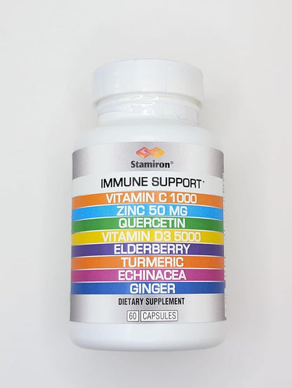 8 in 1 Immune Support with Quercetin Zinc 50mg Vitamin C 1000mg Vitamin D3 5000 IU and Elderberry Echinacea Ginger for Adults Kids - VIT D Supplement Veg Capsules
