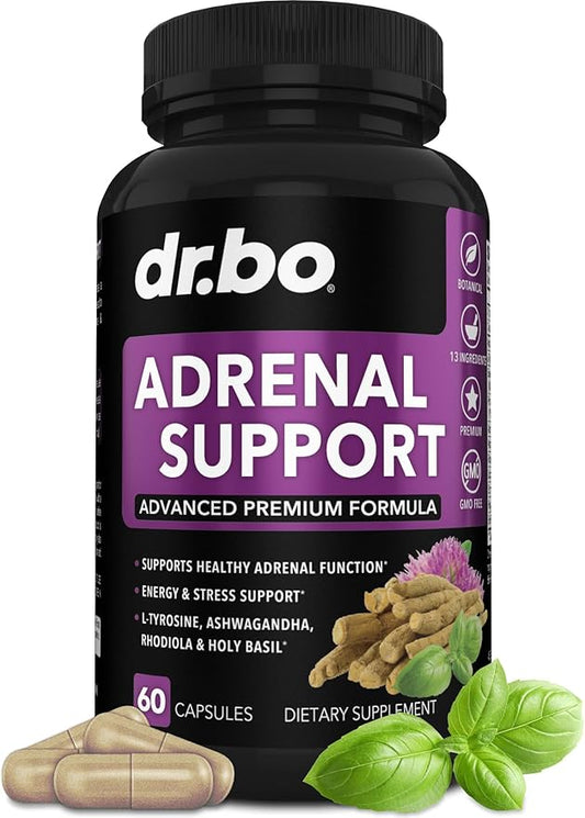 Adrenal Support Cortisol Manager Supplement - Adrenal Fatigue Supplements for Women & Men with Natural Adaptogen Ashwagandha Holy Basil Rhodiola L Tyrosine Complex Fatigue Cortisol Health - 60 Pills