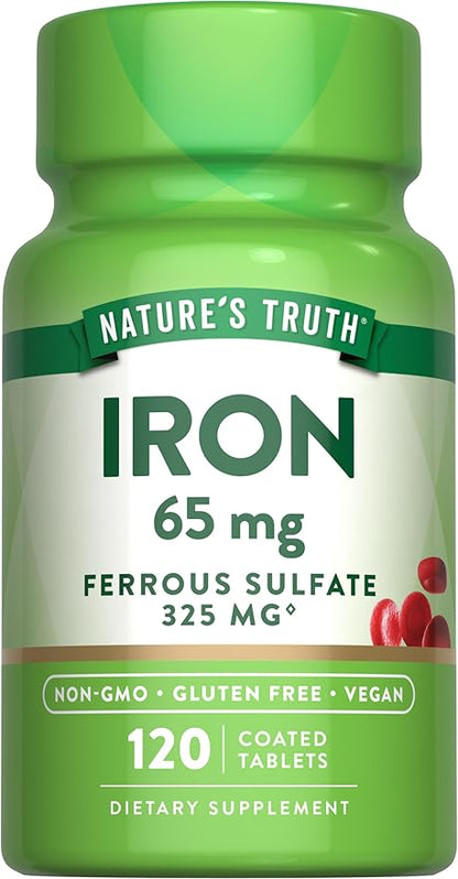 Nature's Truth Iron Supplement | 65mg | 120 Tablets | 325mg Ferrous Sulfate | Non-GMO & Gluten Free Pills