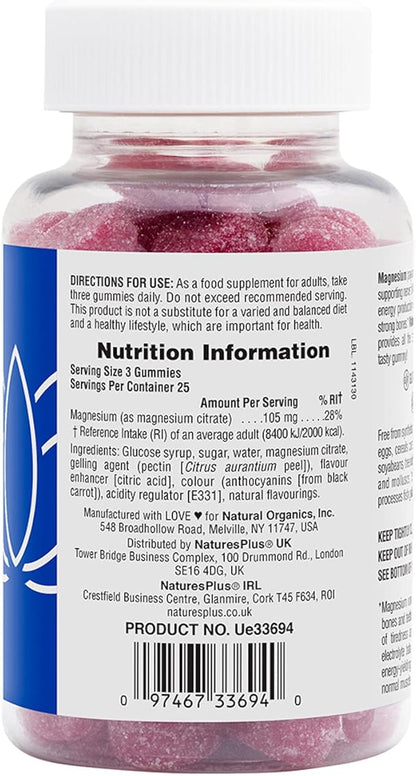 NaturesPlus Gummies Magnesium Citrate - 75 Gummies, Raspberry - Helps Calm The Mind & Body, Supports Bone Density - Vegetarian, Gluten Free, Non-GMO - 25 Servings