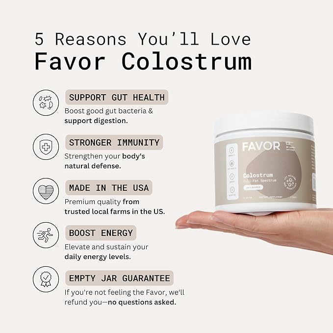 Favor Bovine Colostrum Powder | Liposomal and Whole | Empower Human Health | for Gut Health and Immunity | First Milking | Naturally High IgG | Ethically Made in The USA | Easy to Mix [Unflavored]