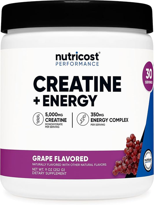 Nutricost Creatine + Energy 30 Servings (Grape Flavored) - 5,000mg Creatine Monohydrate + 350mg Energy Complex Per Serving