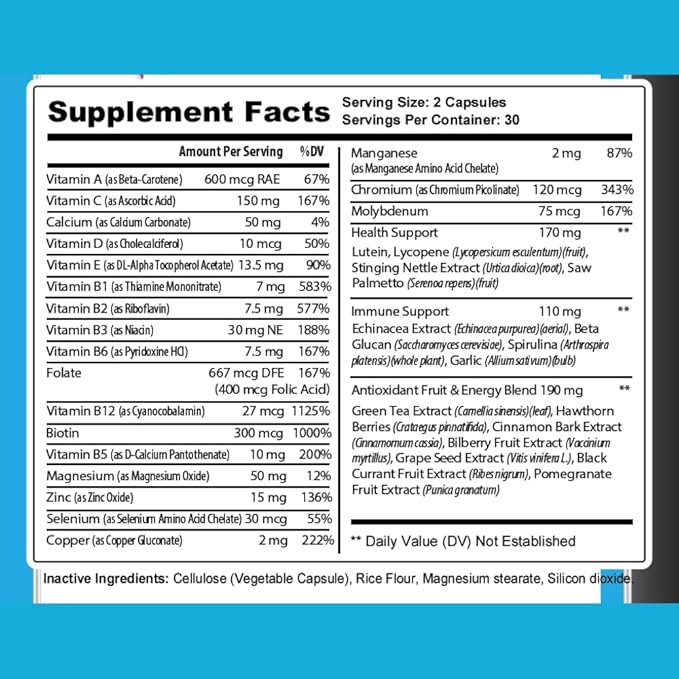 Complete Multivitamin Capsules for Men & Women - 60 Count - 30 Servings - 1 Month Supply