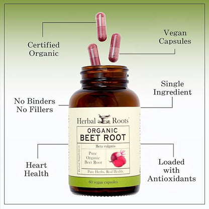 Herbal Roots Organic Beet Root Powder Capsules - 1,500mg per Serving - Certified USDA Organic - Non-GMO - 60 Count Vegan Capsules