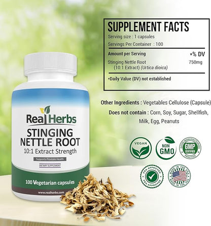 Real Herbs Stinging Nettle Root Extract 7500mg (750mg of 10:1 Extract) – Vegetarian Friendly, Non-GMO, Gluten-Free – Supports Prostate & Urinary Health – 100 Capsules