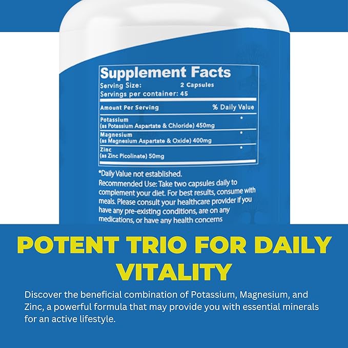 Life Strength Magnesium Potassium Supplements + Zinc 90 Capsules for Vascular Health – High Absorption Vegan, Natural ingredients Supplement for Leg Cramps and Sleep