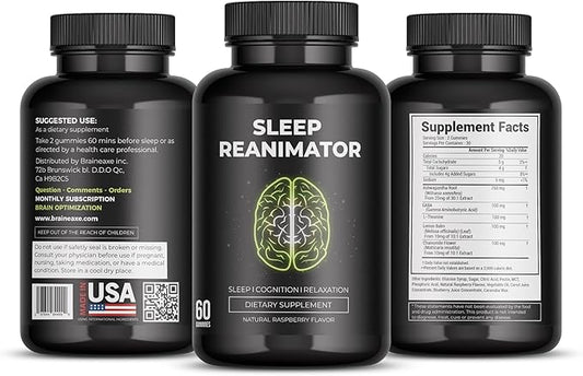 Sleep REANIMATOR - Natural Sleep Gummies for Relaxation, Cognitive Wellness - Ashwagandha, GABA, L Theanine, Lemonbalm, Chamomile - No Caffeine or Melatonin - Raspberry Flavor, 60 Chews