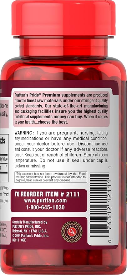 Puritan's Pride Premium Lycopene 10mg, Dietary Supplement for Prostate, Antioxidant, Heart Health, and Overall Health Support, 100 Rapid Release Softgels