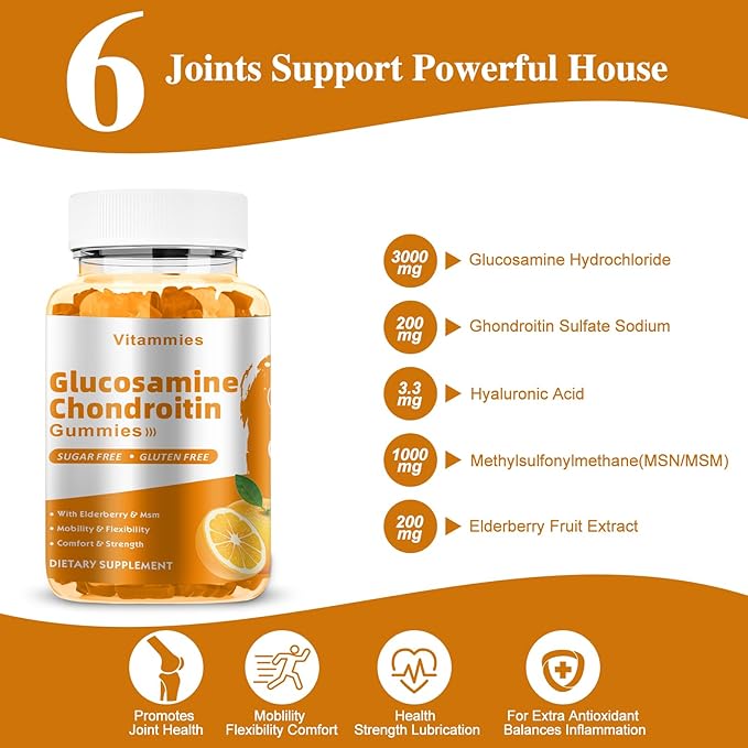 Glucosamine Chondroitin Gummies with MSM & Elderberry Extra Strength - Joint Support, Antioxidant Immune Support Supplement for Adults, Men & Women - 60 Orange Gummies