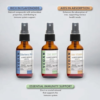 Immunity Pack Liquid Vitamins (Pack of 3) Sambucus Nigra Elderberry Mist, Zinc Boost Mist and Vitamin C Mist (Extra Strength) and Organic Vegan Vitamin B12 Supplement Liquid Mist