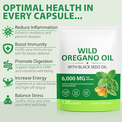 Oregano Oil Capsules,2 in 1 6000mg Oil of Oregano with Black Seed Oil 200mg,Wild Oregano Oil Immune and Antioxidant Support,Non-GMO,Gluten Free,240 Softgels (2 Bag)