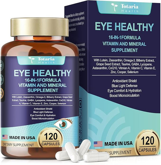 Eye Vitamins Lutein and Zeaxanthin for Adults, AREDS 2 Eye Vitamin and Mineral, Omega-3, Bilberry Extract - Carotenoid Blend, Support Eye Health, Strain, Comfort & Hydration (120 Capsules)