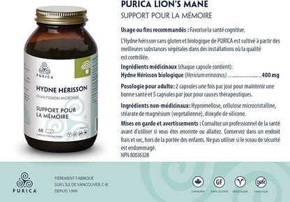 PURICA - Lion's Mane Micronized Mushrooms, 60 Vegan Capsules - Promotes Cognitive Health - Focus and Memory Support