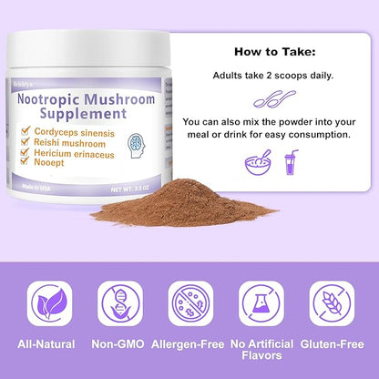 Nootropic Mushroom Supplement – Lion's Mane, Cordyceps, Reishi, Noopept | Boost Focus, Cognitive, Memory, Energy & Immune Health | Lion Mane Mushroom Supplement Powder, Purity 99.9+%