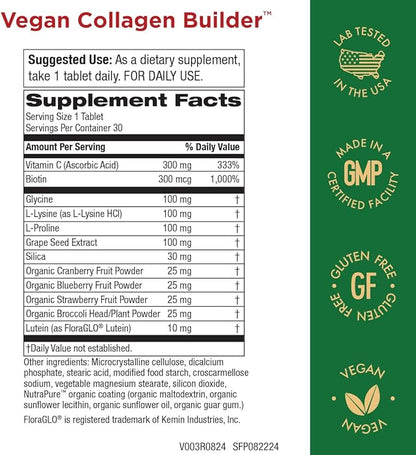 Purity Products Vegan Collagen Builder - Organic Whole Foods Fruits + Veg, Silica, Lutein, Vitamin C, Biotin, Grape Seed - Amino Acids Glycine, Lysine + Proline Collagen Boosters - 30 Tablets