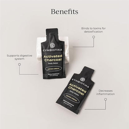 CYMBIOTIKA Activated Charcoal Liquid Supplement with Vitamin E, Gut Health & Digestive Support for Adults, Helps Cleanse, Detox, Support Gas, Bloating, Lemon Cream Flavor, Vegan, 10ml Pouches, 26 Pack