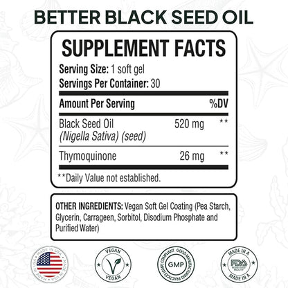 Better Organic Black Seed Oil Cold Pressed - Pure Nigella Sativa Oil for Immune Support - 5% Thymoquinone - Support Memory, Vitality, and Cellular Health