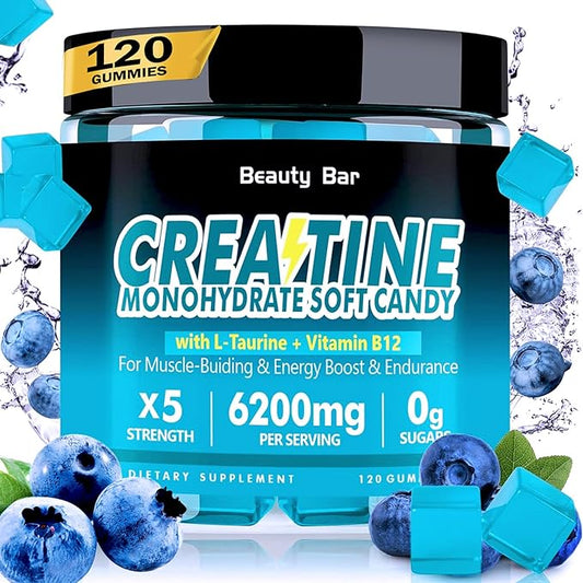 Beauty Bar Creatine Monohydrate Gummies,6200mg for Men & Women-120 Gummies,Sugar Free Chewable Creatine Monohydrate for Muscle Strength,Energy Boost,Blueberry Flavor
