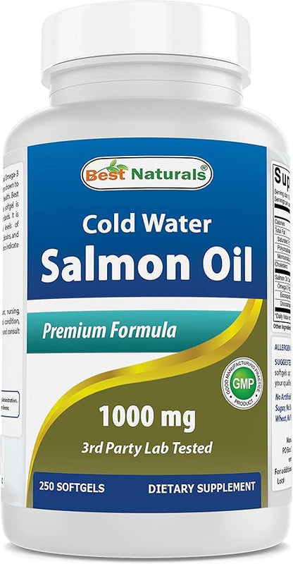 Best Naturals Salmon Oil 1000 mg 250 Softgels Manufactured in a USA Based GMP Certified and FDA Inspected Facility and Third Party Tested for Purity. Guaranteed!!