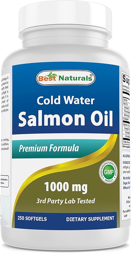 Best Naturals Salmon Oil 1000 mg 250 Softgels Manufactured in a USA Based GMP Certified and FDA Inspected Facility and Third Party Tested for Purity. Guaranteed!!