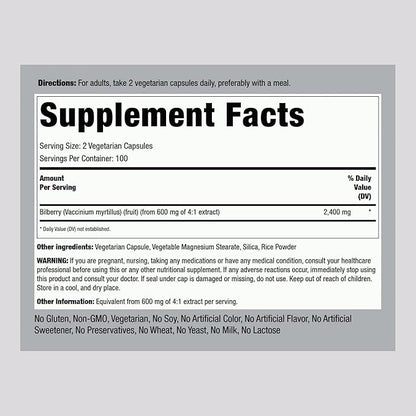 Piping Rock Bilberry Extract Capsules 2400mg | 200 Count | Concentrated Herbal Extract | Vegetarian, Non-GMO, Gluten Free Supplement